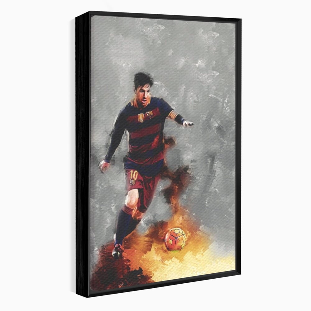 Tablou canvas cu tablou canvas cu fotbalistul lionel messi, in rama de aluminiu negru